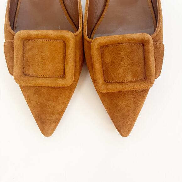 Manolo Blahnik Maysale Camel Suede Buckle Pointed Toe Flat Slide Mules IT 40 - Picture 6 of 11